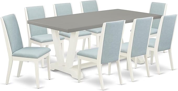 East West Furniture V097LA015-9 9 Piece Kitchen Table & Chairs Set Includes a Rectangle Dining Table with V-Legs and 8 Baby Blue Linen Fabric Parson Chairs, 40x72 Inch, Multi-Color