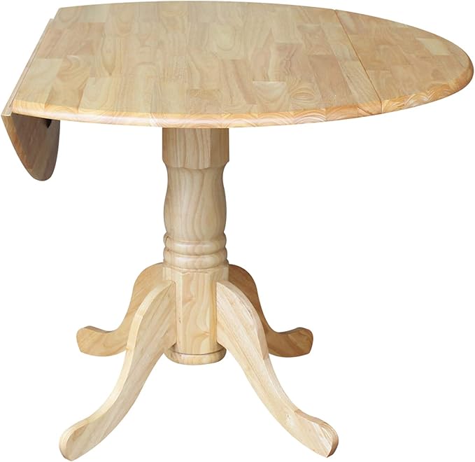 IC International Concepts, 42" Round Dual Drop Leaf Pedestal Dining Table, Solid Real Wood, Sturdy Parawood, Natural