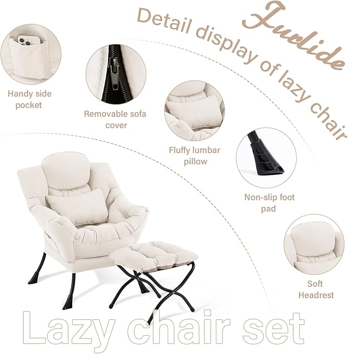 Lazy Chair with Ottoman, Comfy Fabric Accent Lounge Arm Chair with Lumbar Pillow and Folding Footrest, Reading Leisure Sofa Chair for Bedroom, Living Room, Dorm,Beige