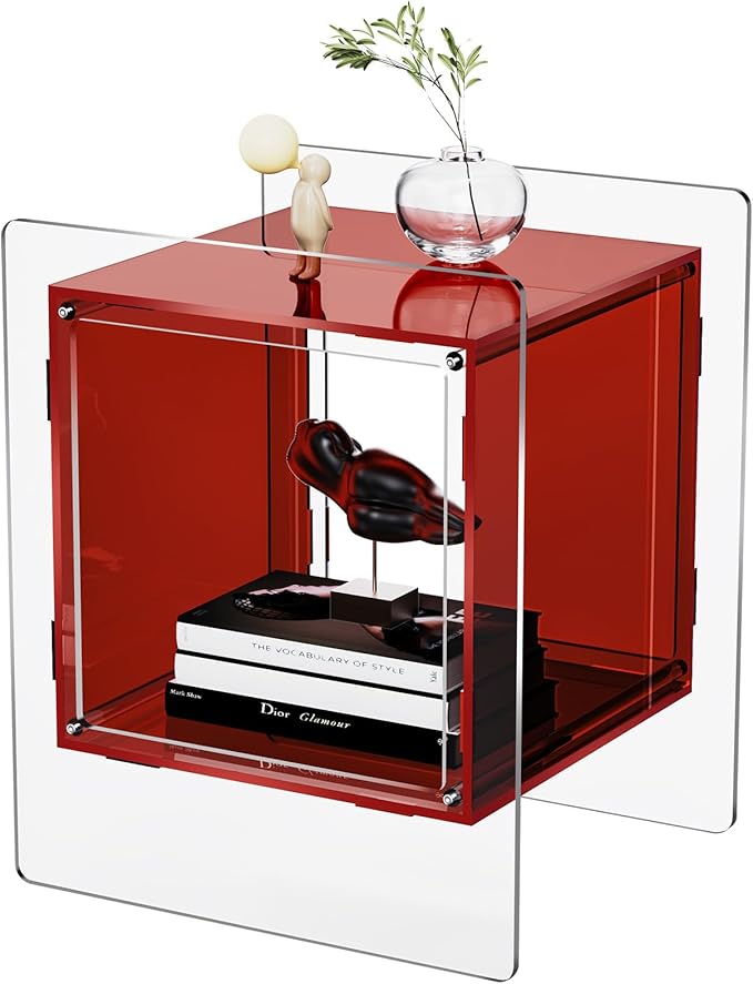 Acrylic Nightstand Colorful Bedside Table with Open Storage Shelf,Clear Side Table for Living Room (1, Red)