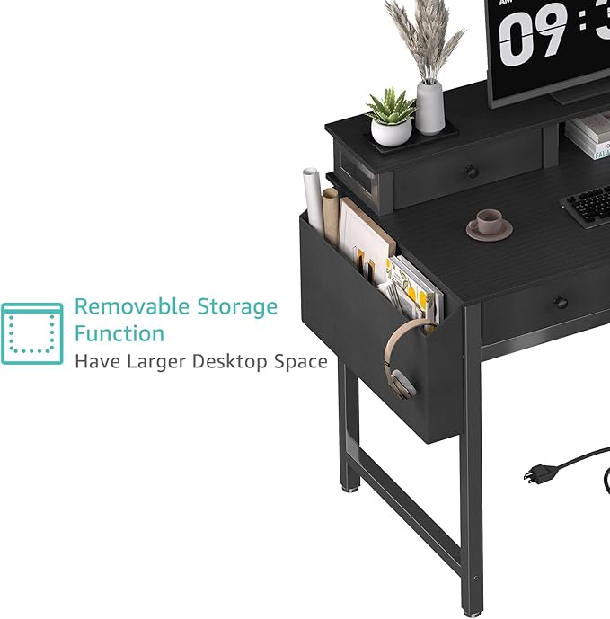 Lufeiya Computer Desk with Drawers for Home Office Bedroom, 40 inch Black Writing Study Teacher Desks with Fabric Drawers Storage, Gaming Desk Table with Power Outlet & Monitor Stand, Black