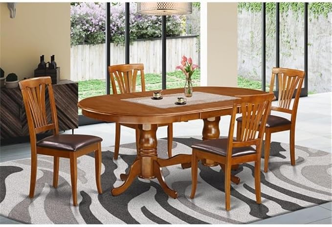 East West Furniture PLAV5-SBR-LC 5 Piece Dining Room Table Set Includes an Oval Wooden Table with Butterfly Leaf and 4 Faux Leather Kitchen Dining Chairs, 42x78 Inch, Saddle Brown
