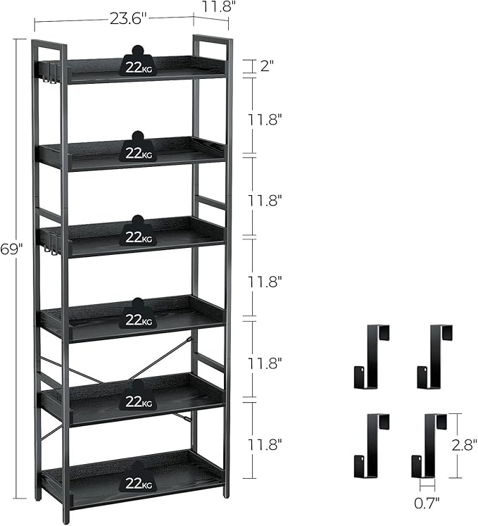 Rolanstar Bookshelf 6 Tier with 4 Hooks, Industrial Bookcase, Vintage Storage Rack with Open Shelves, Rustic Standing Bookshelves Metal Frame Display Rack for Living Room, Bedroom, Black