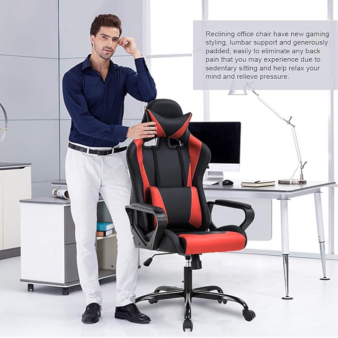 BestOffice Computer Executive Desk Office Chair with Lumbar Support Headrest For Women, Men, Red