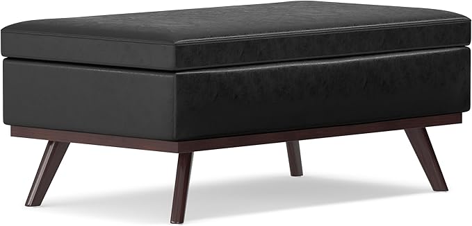 SIMPLIHOME Owen 42 inch Wide Mid Century Modern Rectangle Lift Top Large Coffee Table Storage Ottoman in Distressed Black Vegan Faux Leather, Assembled, for the Living Room, Entryway and Family Room