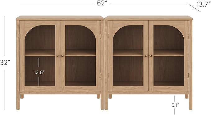 Nathan James Mason Modern Farmhouse TV Stand, Free Standing Accent Sideboard Buffet, Cabinet with Glass Doors and Adjustable Shelf, Clear Glass/Raw Oak Set of 2