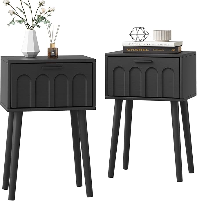 LAATOOREE Nightstand Set of 2, Small Bed Side Table with Arch Door, Mid-Century End Table with Wood Legs for Bedroom, Small Space (Black)