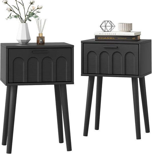 LAATOOREE Nightstand Set of 2, Small Bed Side Table with Arch Door, Mid-Century End Table with Wood Legs for Bedroom, Small Space (Black)