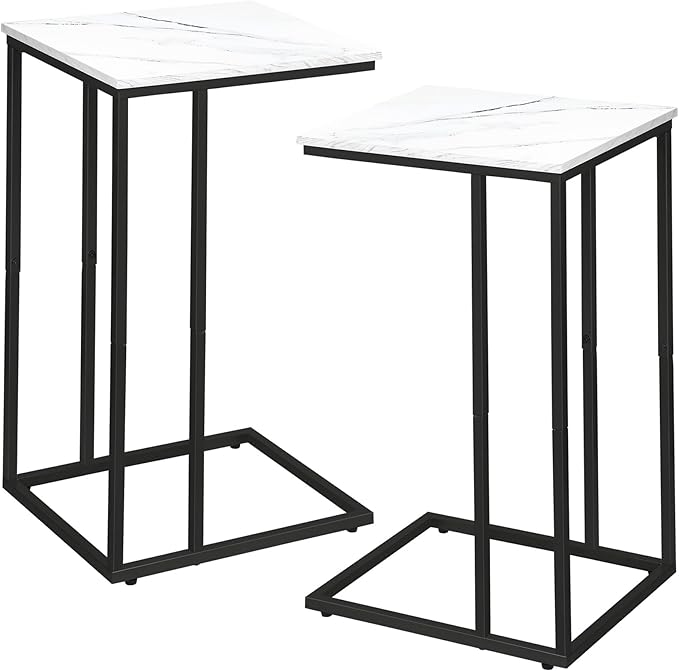 C Shaped Side Table Set of 2, Marble End Table for Sofa and Bed, Couch Table That Slide Under, Snack Side Table for Living Room, Bedroom or Small Spaces, White and Black