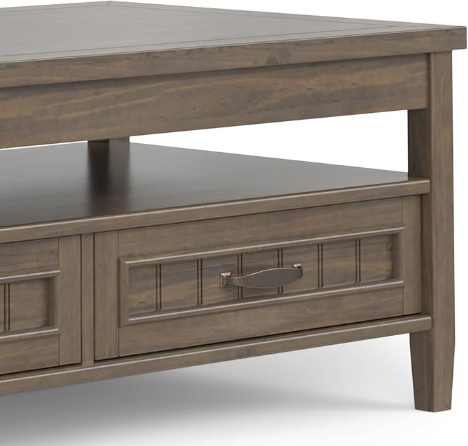 SIMPLIHOME Lev Lift Top Coffee Table - 48 inch Wide Solid Wood Rectangle Living Room Table in Smoky Brown, Transitional Cocktail Table for Family Room with Hidden Storage and Open Shelf