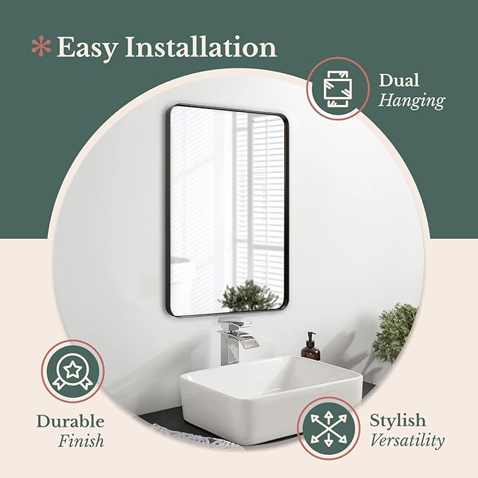 Hamilton Hills 24x36 Inch Metal Black Frame Mirror for Bathroom - Brushed Rectangular Rounded Corner Vanity - 2" Deep Set Design Large Wall Mirrors Decorative - Hangs Horizontal and Vertical