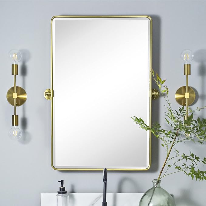 TEHOME 20x30'' Pivot Rectangle Bathroom Vanity Mirror Brushed Gold Rounded Corner Metal Framed Tilting Beveled Vanity Wall Mirrors