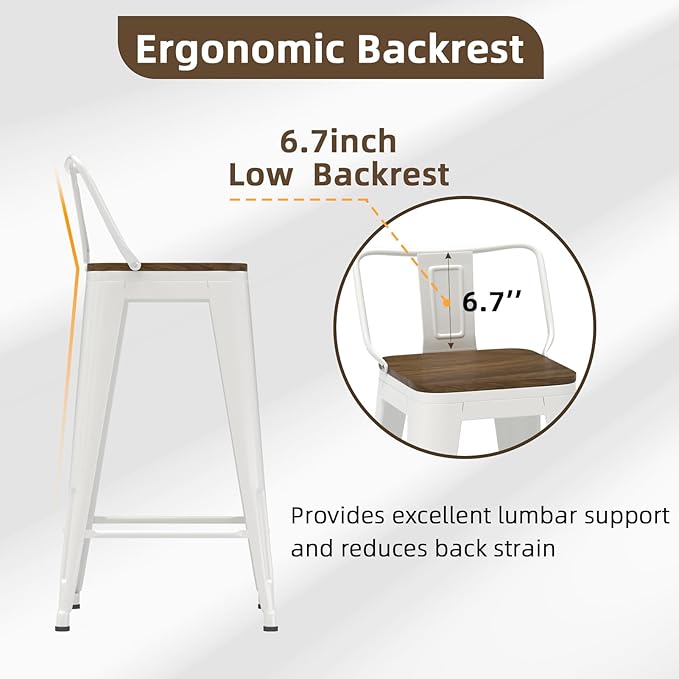 24 Inch Swivel Bar Stools Set of 4, Counter Height Bar Stools with Low Back, Metal Industrial Bar Chairs for Kitchen Island (White)