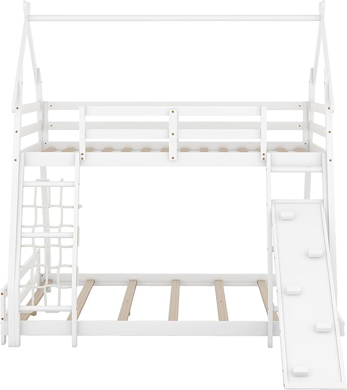 Twin Over Queen House Bunk Bed with Climbing Nets and Climbing Ramp for Kids Teens Boys Girls,Solid Wood Bunk Bed Frame with Safety Guardrails,Playful Design,White