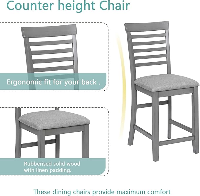 KEIKI 5-Piece Counter Height Dining Table Set with Square Table and 4 Upholstered Ladder Backrset Chair, for 4 Person, Modern Style Wooden Table Set, Easy Assembly, for Kitchen, Dining Room, Gray