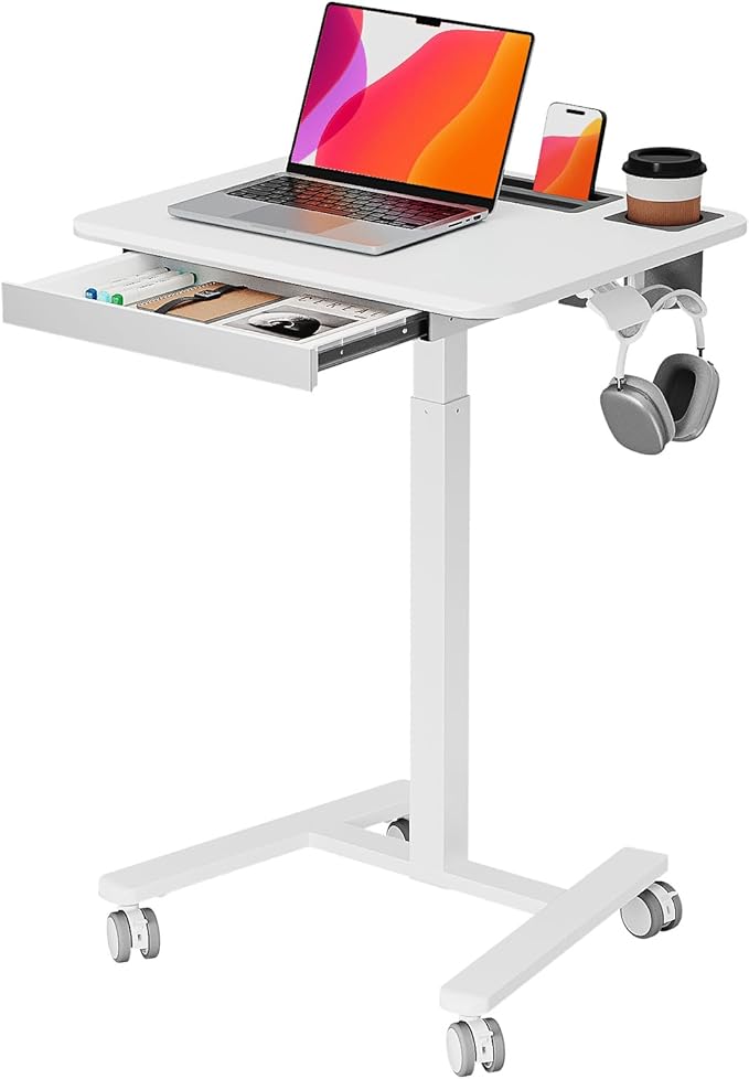 Mobile Small Standing Desk with Drawer, 23.6"x19.7" Rolling Laptop Cart on Wheels, Height Adjustable Sit Stand Computer Workstation with Storage for Compact Space, White