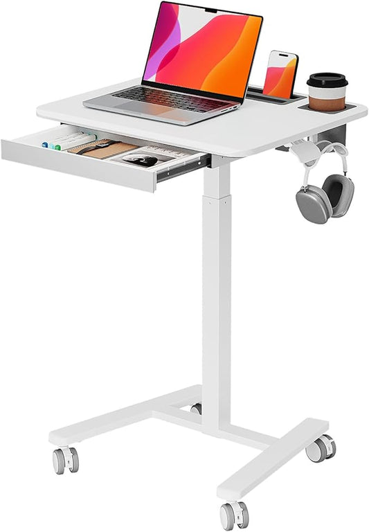 Mobile Small Standing Desk with Drawer, 23.6"x19.7" Rolling Laptop Cart on Wheels, Height Adjustable Sit Stand Computer Workstation with Storage for Compact Space, White