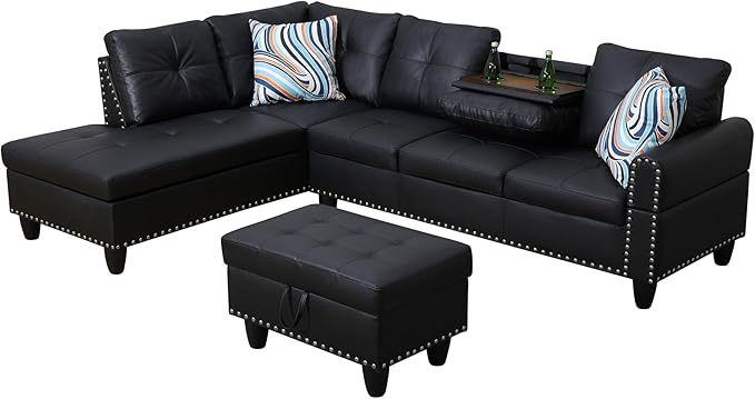 L Shaped Couch Faux Leather Sectional Couch Upholstered 3 Pieces Sofas for Living Room with Chaise, Storage Ottoman for Office and Small Apartment, Graceful Black