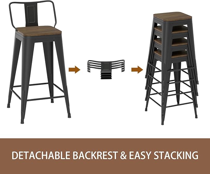 26 Inch Swivel Bar Stools Set of 4, Counter Height Bar Stools with Low Back, Metal Industrial Bar Chairs for Kitchen Island (Matte Black)