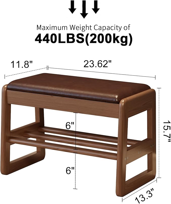 Small Shoe Bench with Leather Cushion,2 Tiers Shoe Rack Bench with Flip-Top Storage,Wood Shoe Rack for Entryway（Walnut,23.62"）