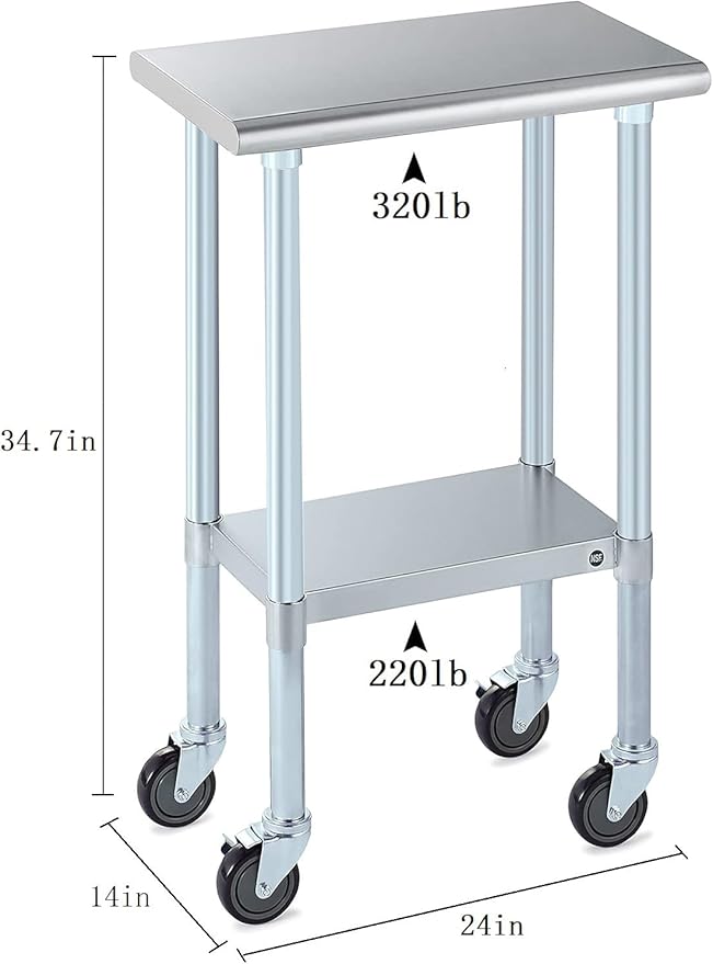 ROCKPOINT Stainless Steel Table for Prep & Work with Caster Wheels 14x24 Inches, NSF Metal Commercial Kitchen Heavy Duty Table with Adjustable Under Shelf and Table Foot for Restaurant, Home and Hotel