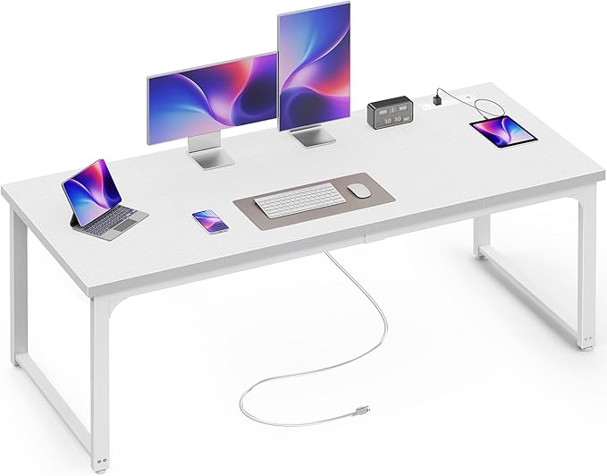 Huuger 63 x 24 inch Desk with Power Outlets & USB-C, Deeper & Thicker Desktop, Robust Metal Tubes, Computer Desk, Heavy Duty Office Desk, Work Gaming Desk, for Home Office, White