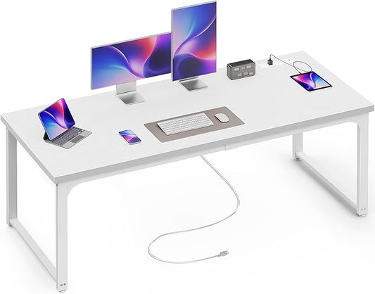 Huuger 63 x 24 inch Desk with Power Outlets & USB-C, Deeper & Thicker Desktop, Robust Metal Tubes, Computer Desk, Heavy Duty Office Desk, Work Gaming Desk, for Home Office, White
