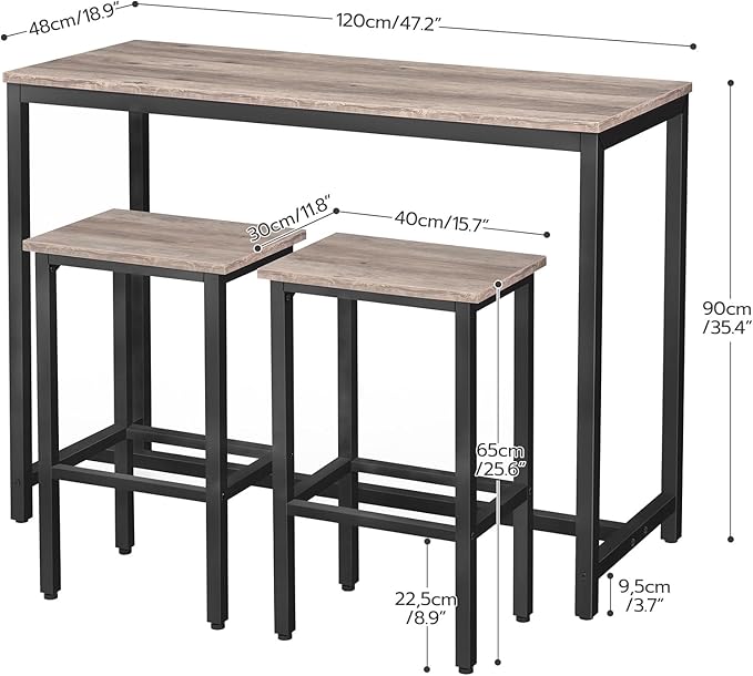 HOOBRO Bar Table and Chairs Set, 47.2” Rectangular Pub Table with 2 Stools for Small Space, High Top Table, 3-Piece Breakfast Table Set, Sturdy Metal Frame, Easy to Assemble, Greige BG52BT01