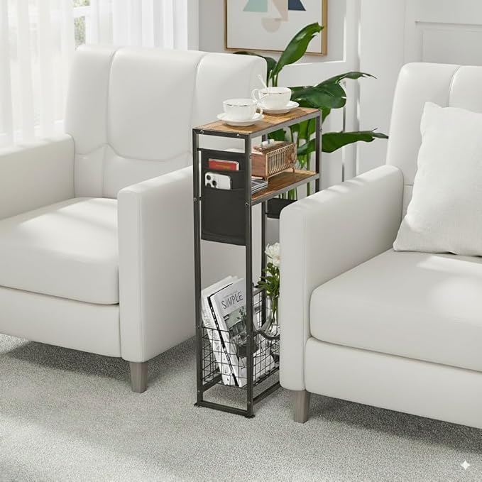 Narrow Side Table, Skinny Small End Tables with Magazine Holder, 3 Tier Small Sofa Side Table for Smalls Spaces, Sofa Couch Tables Bedside Table for Living Room Bedroom Office