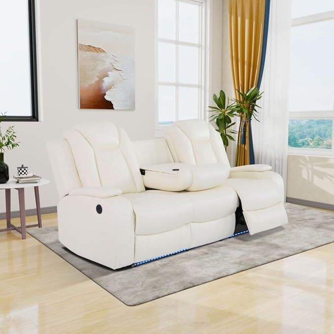 Electric Power Recliner Sofa Living Room Furniture, Comfy Home Theater Breathing Leather Seating with USB 2.0 Charging Ports, LED Light Strips, Fold-Down Table & Wireless Charging Device (White)