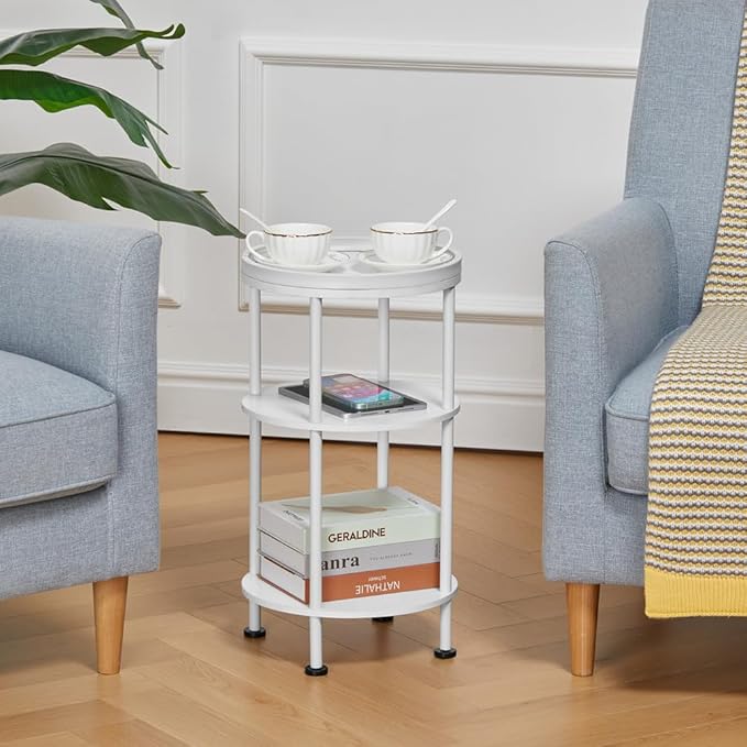 Small Round End Table with Charging Station, 3-Tier Accent Couch Beside Table with USB Ports & Power Outlets, Sofa Side Table for Living Room Small Nightstand Bedroom (Classic, White)