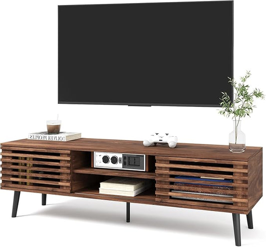 HAIOOU Mid Century Modern TV Stand, 52" Wooden TV Console with Slatted Sliding Doors and Storage for 50/55/60 Inch TV, Small Entertainment Center Media Console Cabinet for Living Room - Walnut Brown
