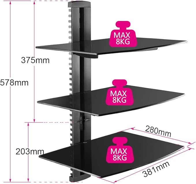 suptek 3 Floating Shelf Wall Bracket with Strengthened Tempered Glass for DVD Players/Cable Boxes/Games Consoles/TV Accessories, 3 Shelves, Black, CS303