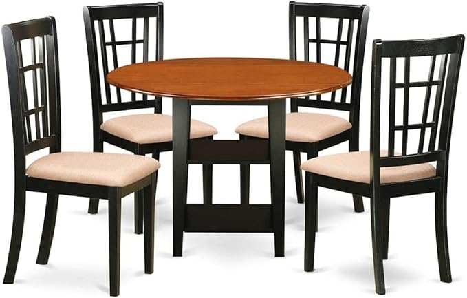 East West Furniture SUNI5-BCH-C 5 Piece Dining Set Includes a Round Dining Room Table with Dropleaf & Shelves and 4 Linen Fabric Upholstered Chairs, 42x42 Inch, Black & Cherry