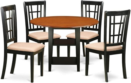 East West Furniture SUNI5-BCH-C 5 Piece Dining Set Includes a Round Dining Room Table with Dropleaf & Shelves and 4 Linen Fabric Upholstered Chairs, 42x42 Inch, Black & Cherry
