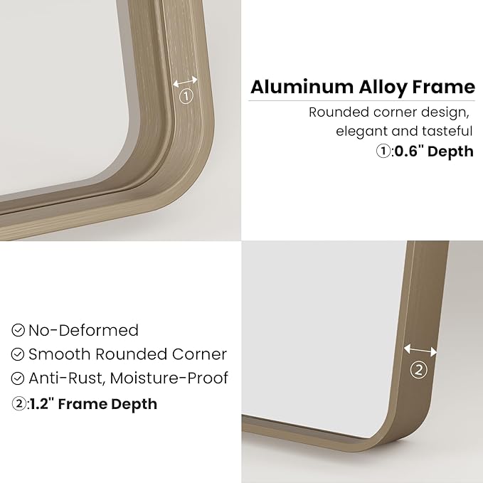 Bronze Bathroom Mirror 22x30 Inch, Brushed Bronze Metal Frame Mirror for Wall, Rounded Rectangle Bathroom Vanity Mirror with Tempered Glass, Anti-Rust, Horizontal/Vertical
