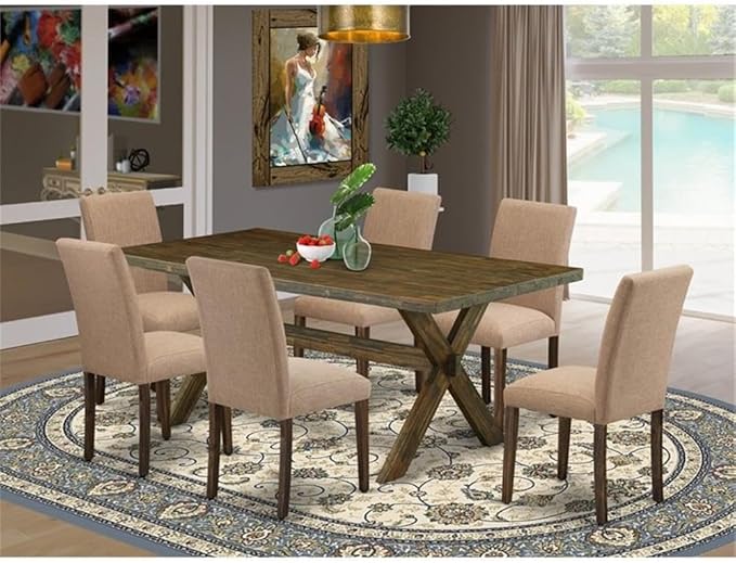 East West Furniture X777AB747-7 7 Piece Dining Room Furniture Set Consist of a Rectangle Dining Table with X-Legs and 6 Light Sable Linen Fabric Parsons Chairs, 40x72 Inch, Multi-Color