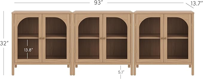 Nathan James Mason Modern Farmhouse TV Stand, Free Standing Accent Sideboard Buffet, Cabinet with Glass Doors and Adjustable Shelf, Clear Glass/Raw Oak Set of 3