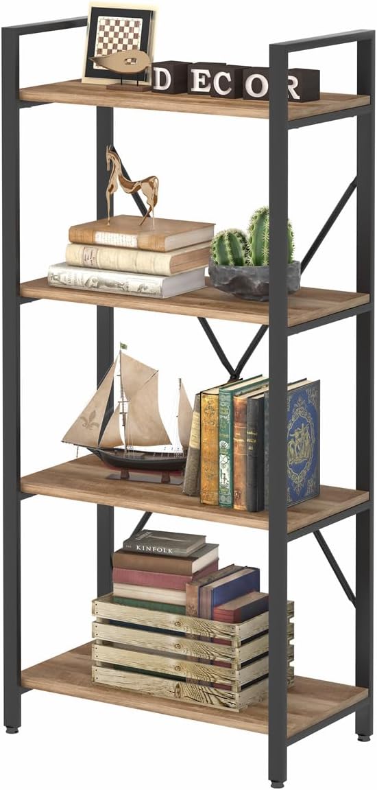 BON AUGURE Industrial 4 Tier Bookshelf, Modern Open Shelving Unit Book Shelves, Heavy Duty Etagere Bookcase, Wood Metal 4 Shelf Book Case for Office, Living Room and Bedroom (Vintage Oak)