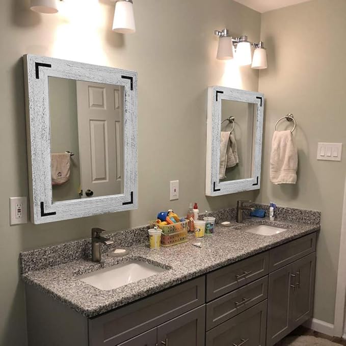 YOSHOOT Rustic Wooden Framed Wall Mirror, Natural Wood Bathroom Vanity Mirror for Farmhouse Decor, Vertical or Horizontal Hanging (26" x 18", White Grey)
