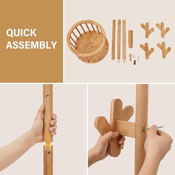 CozyDH Solid Wood Coat Rack Freestanding with Lockable 360° Rotary Casters, Coat Tree Stand with Umbrella Holder & Laundry Basket Storage & 12 Hooks, Natural