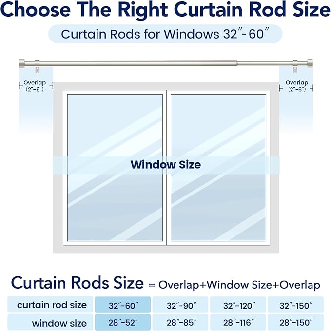2 Pack Curtain Rods for Windows 28 to 48 Inch(2.3-4ft), 1 Inch Brushed Nickel Curtain Rods Set, Adjustable Heavy Duty Curtain Rod, Modern Drapery Rods for Bedroom Living Room, Size 32"- 60"
