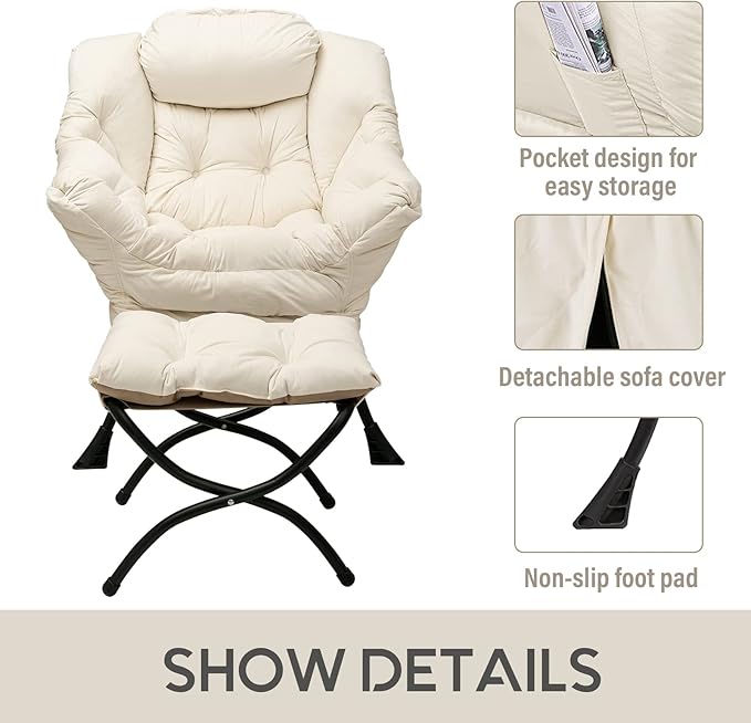 LITA Lazy Chair with Ottoman, Accent Contemporary Lounge Single Leisure Upholstered Sofa Set Armrests and a Side Pocket, Reading for Living Room & Bedroom, Beige 10.6D x 28.3W x 36.6H in