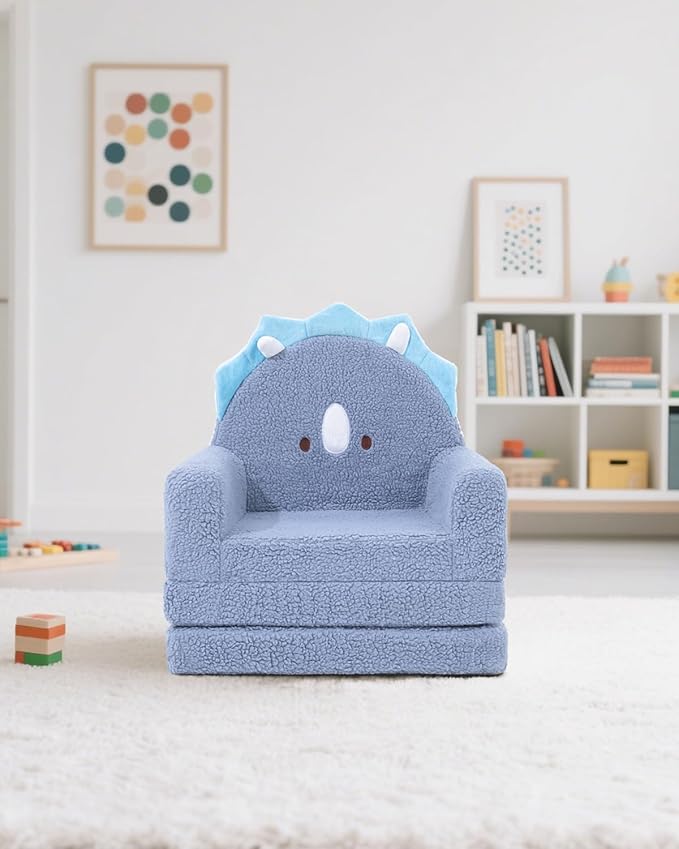 MOONBEEKI 2-in-1 Foldable Toddler Couch, Soft Sherpa Fabric with Washable Cover, Convertible Sofa to Lounger, Kids Sofa for Playroom, Bedroom, Living Room, Birthday Gift, Ages 1-3, Blue Triceratops