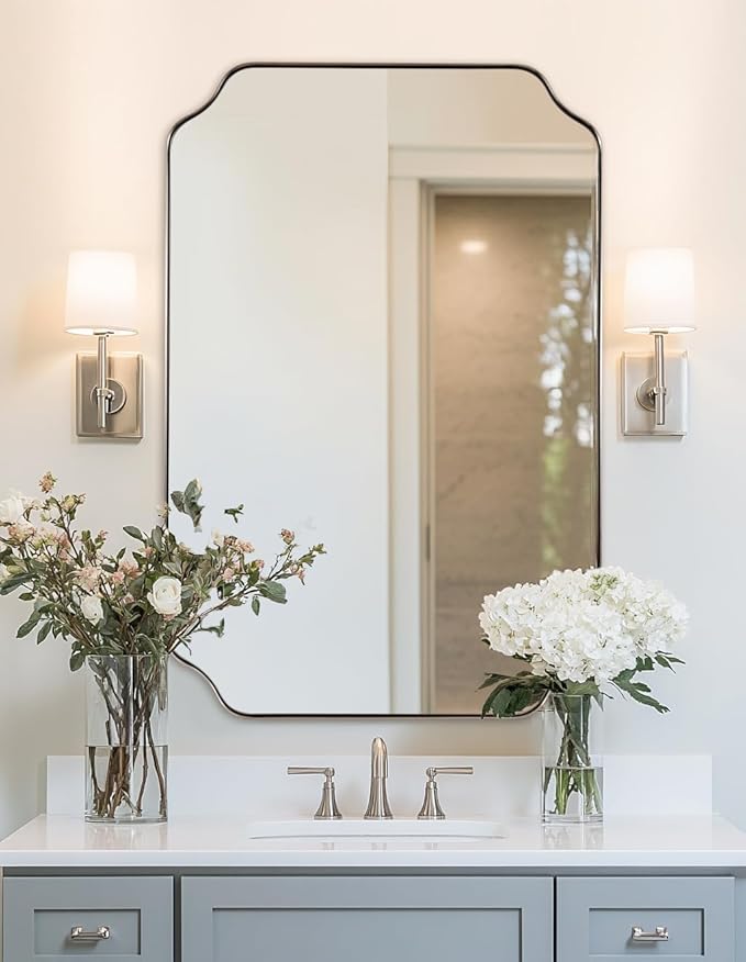 ANDY STAR Brushed Nickel Mirror 30x40 Inch, Rectangle Bathroom Mirror for Wall, Large Scalloped Wall Mirror in Anti-Rust Stainless Steel Metal 1’’ Frame, Wall Mounts Horizontally or Vertically