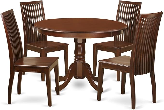 East West Furniture HLIP5-MAH-W 5 Piece Dining Room Table Set Includes a Round Dining Table with Pedestal and 4 Wood Seat Chairs, 42x42 Inch, Mahogany