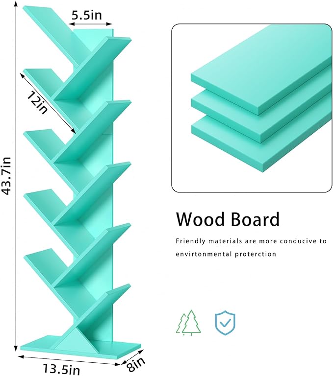 10 Tier Tree Book Shelf, Floor Standing Wood Bookshelf for Narrow Space, Storage Organizer Bookshelves for Books/CDs/Magazine, Bookcase with Shelves for Home Office, Living Room - Green