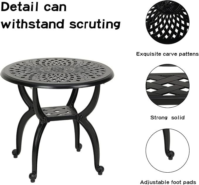 JARDIN DE CENTENNIAL Cast Aluminum Side/End Table, Anti-Rust Coffee Bistro Table for Outdoor, Patio, Indoor, Garden, Porch, Balcony (Round Black)