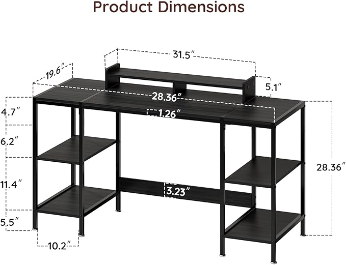 Computer Desk Gaming Desk with Monitor Stand, Home Office Desk Suitable for 2 Monitors, Writing Desk with Adjustable Storage Space,Sturdy and Durable Modern Small Desk (Black, 55 inchs)