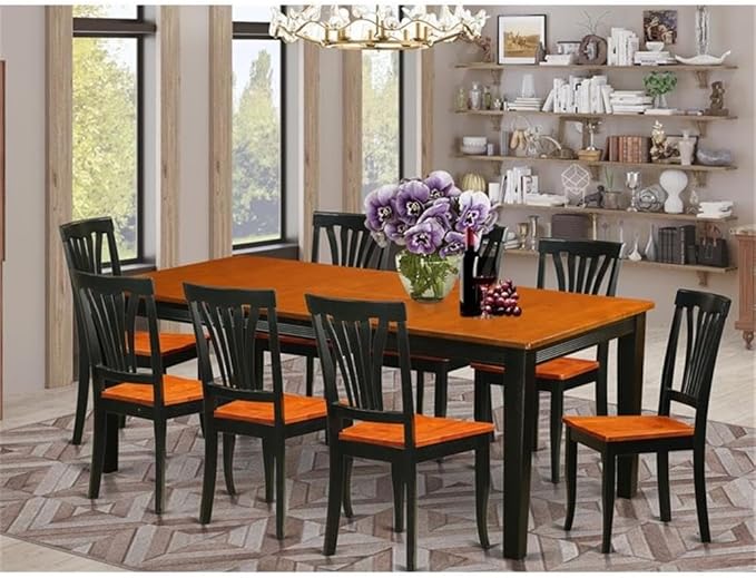East West Furniture QUAV9-BCH-W 9 Piece Dining Table Set Includes a Rectangle Dining Room Table with Butterfly Leaf and 8 Wood Seat Chairs, 40x78 Inch, Black & Cherry